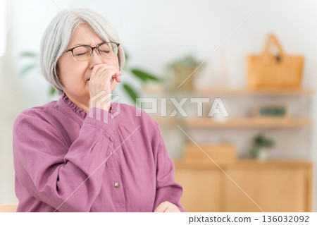 Senior woman suffering from nasal congestion due to hay fever, allergies, and house dust 136032092
