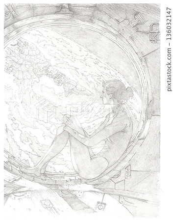 Hand-drawn pencil sketch of a woman in futuristic bodysuit sitting by space window 136032147