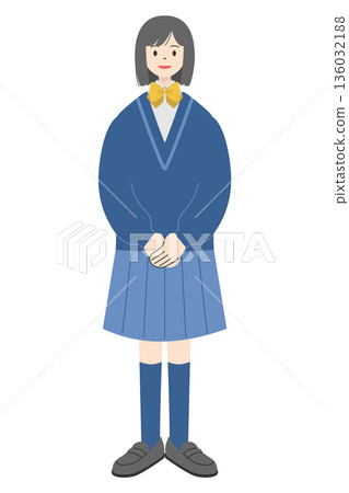 高中女生全身插畫，留著波波頭，身穿制服。 136032188