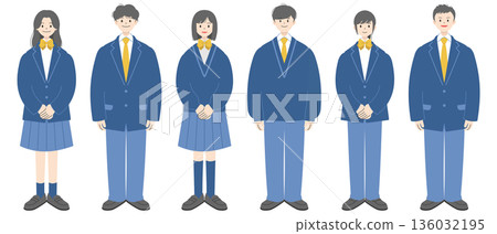 Full-body illustration of six high school students standing in uniforms | Set Full-body illustration of six high school students standing in uniforms | Set 136032195