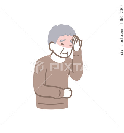 Illustration material of an elderly man holding his head due to a headache 136032305