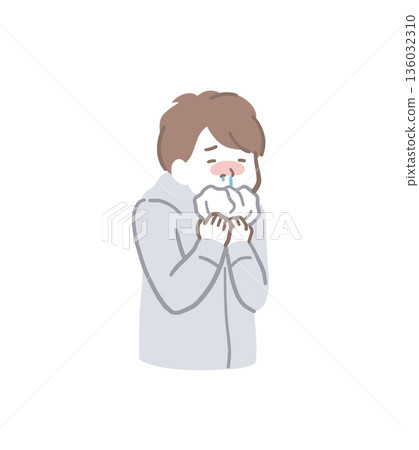 Illustration material of a man with a runny nose blowing his nose with a tissue Illustration material of a man with a runny nose blowing his nose with a tissue 136032310