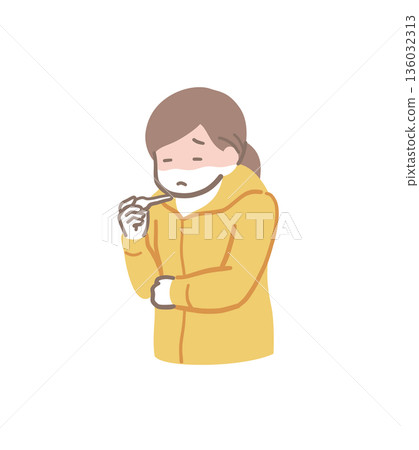 插畫資料:一位發燒的女士正在用體溫計測量體溫 插畫資料:一位發燒的女士正在用體溫計測量體溫 136032313