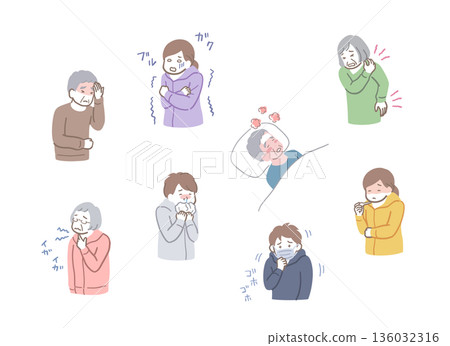 Illustration set of men and women suffering from poor health such as colds 136032316