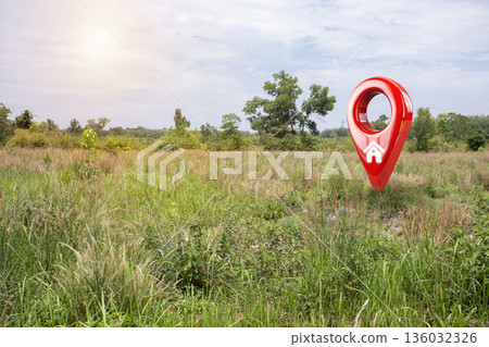 Land for sale with location pin icon on earth and green grass in real estate sale or property investment concept, Buying new home for family - 3d of big advertising sign. Land plot management. Land for sale with location pin icon on earth and green grass in real estate sale or property investment concept, Buying new home for family - 3d of big advertising sign. Land plot management. 136032326