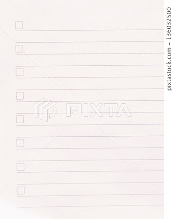 Minimal blank checklist page with lines and checkboxes, top view Minimal blank checklist page with lines and checkboxes, top view 136032500