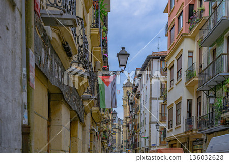 San Sebastian, Old Town, street, temple, midsummer, Spain San Sebastian, Old Town, street, temple, midsummer, Spain 136032628