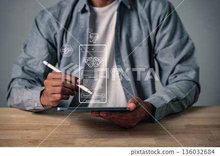 AI showing businessman utilizing a tablet with digital transformation for daily life and business, depicting an artificial intelligence brain and Internet of Things, using powerful ai capabilities AI showing businessman utilizing a tablet with digital transformation for daily life and business, depicting an artificial intelligence brain and Internet of Things, using powerful ai capabilities 136032684