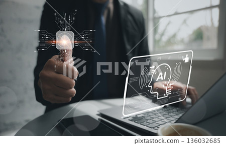 AI is used for automation to detect fingerprints, a technology solution shown as a person accesses a virtual screen using ai, for secure intelligent system login AI is used for automation to detect fingerprints, a technology solution shown as a person accesses a virtual screen using ai, for secure intelligent system login 136032685