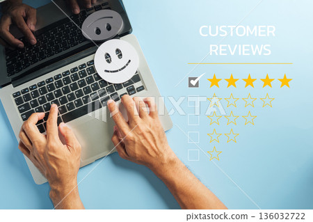 Customer review laptop feedback with hands typing keyboard online satisfaction, five star rating for client service reputation, blue background displays happy emoji for survey voice Customer review laptop feedback with hands typing keyboard online satisfaction, five star rating for client service reputation, blue background displays happy emoji for survey voice 136032722