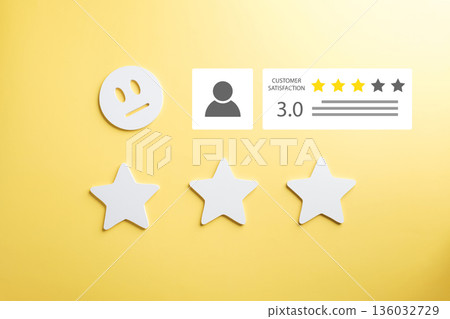 Star feedback, customer review rating shows neutral three star service quality, 3.0 satisfaction with product experience displayed with three stars, indifferent face icon, yellow background 136032729