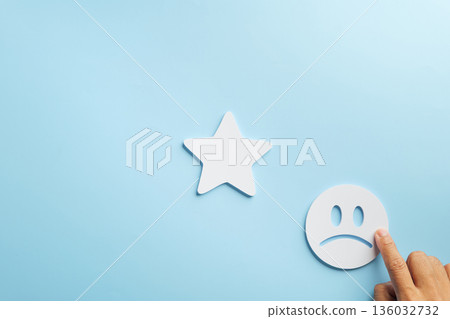 Customer negative feedback shown by hand pointing at unhappy face icon, next to star, illustrating poor service review or bad experience for business satisfaction survey Customer negative feedback shown by hand pointing at unhappy face icon, next to star, illustrating poor service review or bad experience for business satisfaction survey 136032732