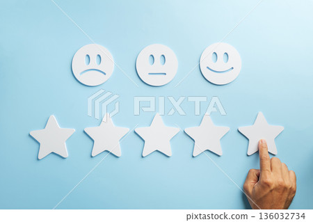 Satisfaction for customer service experience, hand giving five star rating for excellent quality product review, survey options compare feedback concept showing positive results for business financial Satisfaction for customer service experience, hand giving five star rating for excellent quality product review, survey options compare feedback concept showing positive results for business financial 136032734