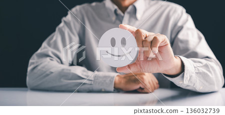 Customer satisfaction hinges on good feedback so give positive reviews, happy face symbol, man shows satisfaction customer review or service experience rating online application with good feedback 136032739