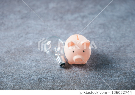 Light fintech bulb alongside disruption idea infrastructure creative vision sits beside pink piggy bank representing future money management and savings growth on stone surface Light fintech bulb alongside disruption idea infrastructure creative vision sits beside pink piggy bank representing future money management and savings growth on stone surface 136032744