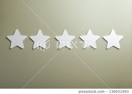 Five star review customer feedback satisfaction experience, online rating system for quality service business success, white stars symbolize high ranking achievement on plain background 136032893