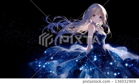 一位身著夢幻長裙、頭戴星空的動漫風格美女 136032909