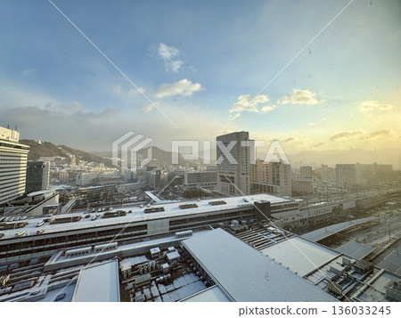 Snow falling at JR Hiroshima Station at dawn _ Snowy Hiroshima Station _ Winter _ Snow Scene Snow falling at JR Hiroshima Station at dawn _ Snowy Hiroshima Station _ Winter _ Snow Scene 136033245