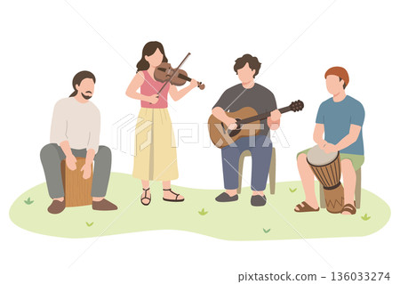 A musical group playing instruments outdoors 136033274