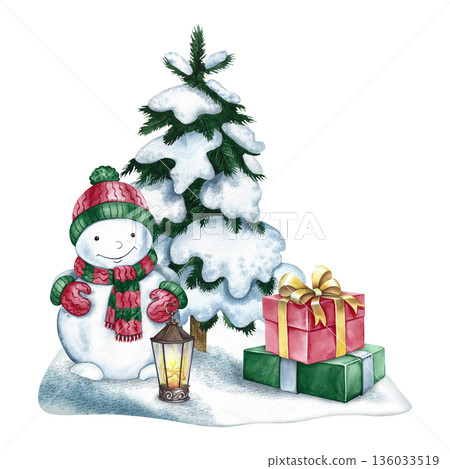 A Christmas snowman next to a snow-covered Christmas tree, gift boxes, and a lantern. Hand-drawn watercolor illustration. Colorful isolated image. Perfect for postcards, posters, banners, and more. A Christmas snowman next to a snow-covered Christmas tree, gift boxes, and a lantern. Hand-drawn watercolor illustration. Colorful isolated image. Perfect for postcards, posters, banners, and more. 136033519
