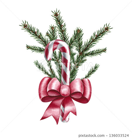 Christmas candy cane decorated with a red bow and fir twigs. Hand-drawn watercolor illustration. Isolate. Element of your design. Perfect for Christmas cards, posters, banners, packaging, and more. Christmas candy cane decorated with a red bow and fir twigs. Hand-drawn watercolor illustration. Isolate. Element of your design. Perfect for Christmas cards, posters, banners, packaging, and more. 136033524