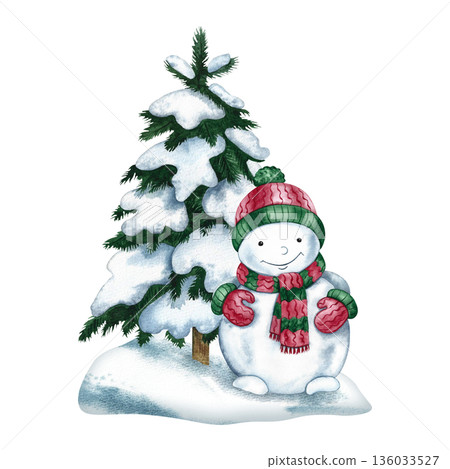 A Christmas cute snowman next to a snow-covered Christmas tree. Hand-drawn watercolor illustration. Colorful image isolated. Perfect for postcards, posters, banners, packaging, and more. A Christmas cute snowman next to a snow-covered Christmas tree. Hand-drawn watercolor illustration. Colorful image isolated. Perfect for postcards, posters, banners, packaging, and more. 136033527