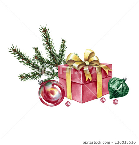 Christmas composition, gift box, decorations, and a spruce branch. Hand-drawn watercolor illustration. For Christmas and New Year design for greeting cards, posters, banners, packaging, and more. Christmas composition, gift box, decorations, and a spruce branch. Hand-drawn watercolor illustration. For Christmas and New Year design for greeting cards, posters, banners, packaging, and more. 136033530