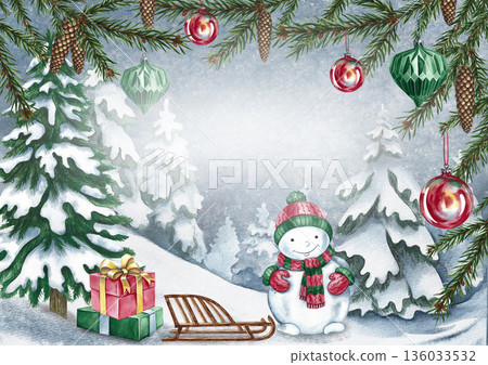 Christmas card with a winter coniferous forest, Christmas tree decorations, a snowman, and gifts. Hand-drawn watercolor illustration. For Christmas and New Year greeting cards, posters, and more. Christmas card with a winter coniferous forest, Christmas tree decorations, a snowman, and gifts. Hand-drawn watercolor illustration. For Christmas and New Year greeting cards, posters, and more. 136033532