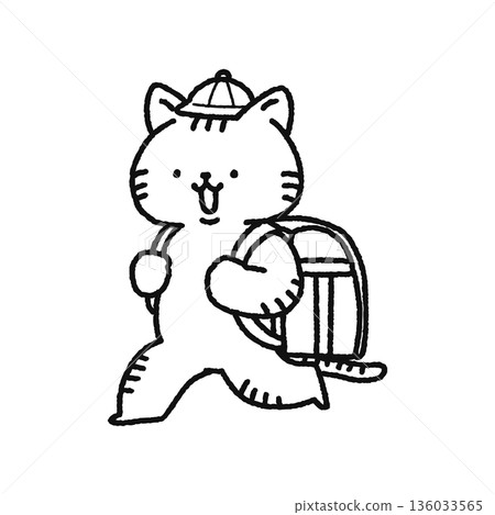 Cute cat carrying a school bag - line drawing Cute cat carrying a school bag - line drawing 136033565