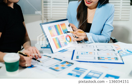 UX developer and ui designer brainstorming about mobile app interface wireframe design with customer breif and color code 136034151