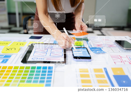 Close up view of UI developer team brainstorming on their project with laptop, smartphone and digital tablet. 136034716