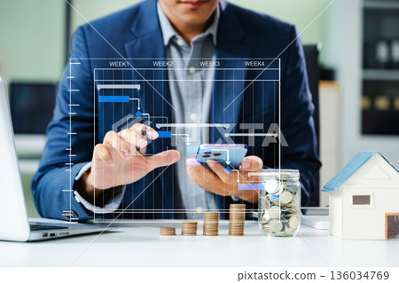 Project manager working and update tasks with milestones progress planning and Gantt chart scheduling diagram. business working with smart phone, tablet and laptop Project manager working and update tasks with milestones progress planning and Gantt chart scheduling diagram. business working with smart phone, tablet and laptop 136034769
