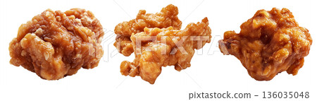 Crispy glazed fried chicken Karaage nuggets isolated on white transparent background. Concept of Asian cuisine and Japan Crispy glazed fried chicken Karaage nuggets isolated on white transparent background. Concept of Asian cuisine and Japan 136035048