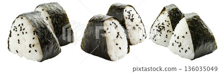 Japanese salmon onigiri rice ball wrapped in nori seaweed, isolated on white background, Asian cuisine concept Japanese salmon onigiri rice ball wrapped in nori seaweed, isolated on white background, Asian cuisine concept 136035049