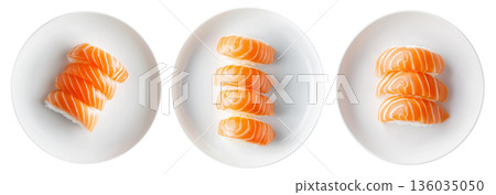 Salmon nigiri sushi arranged neatly on white plate, isolated on white background, concept of Japanese cuisine Salmon nigiri sushi arranged neatly on white plate, isolated on white background, concept of Japanese cuisine 136035050