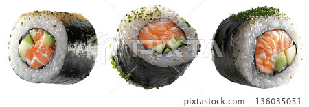 Sushi roll Maki with salmon, avocado, cucumber and rice wrapped in seaweed, isolated on white transparent background Sushi roll Maki with salmon, avocado, cucumber and rice wrapped in seaweed, isolated on white transparent background 136035051