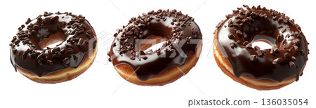 Tasty chocolate glazed donut with crunchy sprinkles isolated on white background. 136035054