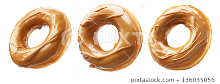 Tasty caramel-glazed donut topped with crunchy nuts, isolated on white transparent background Tasty caramel-glazed donut topped with crunchy nuts, isolated on white transparent background 136035056