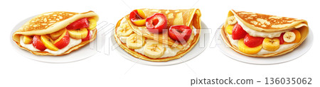 Delicious folded pancake filled with banana slices, raspberries, and cream, isolated on white transparent background Delicious folded pancake filled with banana slices, raspberries, and cream, isolated on white transparent background 136035062