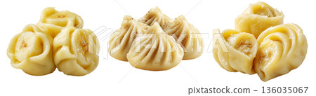 Set of Steamed Banana dumplings with intricate twisted edges, isolated on white background. Concept of Asian cuisine and food art Set of Steamed Banana dumplings with intricate twisted edges, isolated on white background. Concept of Asian cuisine and food art 136035067