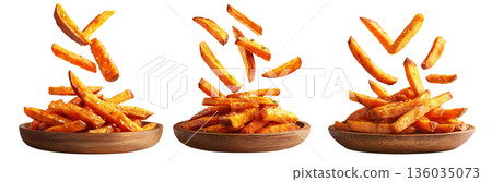 Set of Kumara sweet potato fries with black pepper and herbs on wooden plate, on white, concept of New Zealand fast food snack 136035073