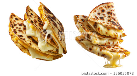 Grilled cheese quesadilla or Cachapas sweet corn pancakes with melted white cheese stacked, isolated on white background 136035078