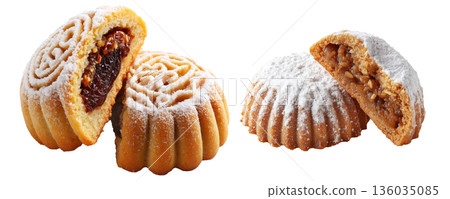 Traditional Maamoul cookies, one halved showing date and nut filling, isolated on white background, concept of Arabic desserts Traditional Maamoul cookies, one halved showing date and nut filling, isolated on white background, concept of Arabic desserts 136035085