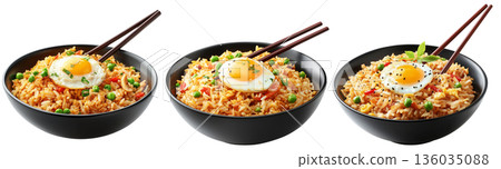 Spicy fried rice Nasi Goreng garnished with fresh green onions and topped with fried egg in bowl, isolated on white Spicy fried rice Nasi Goreng garnished with fresh green onions and topped with fried egg in bowl, isolated on white 136035088