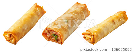Crispy golden spring rolls with flaky texture shown isolated on white transparent background, Asian snack concept 136035093