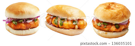 Crispy chicken sandwich Vada pav with red onions, herbs, and soft bun isolated on white background, concept of fast food Crispy chicken sandwich Vada pav with red onions, herbs, and soft bun isolated on white background, concept of fast food 136035101