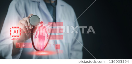 Medical professional analyzing patient holographic anatomy with AI agents, concept of healthcare technology, machine learning, and digital health innovation. Medical professional analyzing patient holographic anatomy with AI agents, concept of healthcare technology, machine learning, and digital health innovation. 136035394