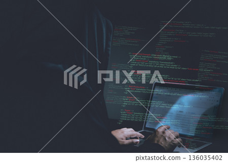 Cybersecurity hacker typing code on laptop in dark room, concept of hacking, malware, identity theft, cyber attack, data protection, and online fraud prevention. Cybersecurity hacker typing code on laptop in dark room, concept of hacking, malware, identity theft, cyber attack, data protection, and online fraud prevention. 136035402