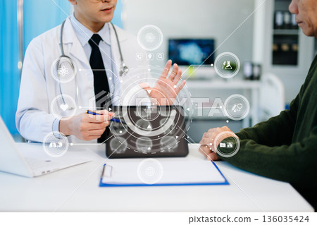 Doctor showing brain scans with AI health data overlay, symbolizing innovation, digital healthcare, and future medical technology consultation. 136035424