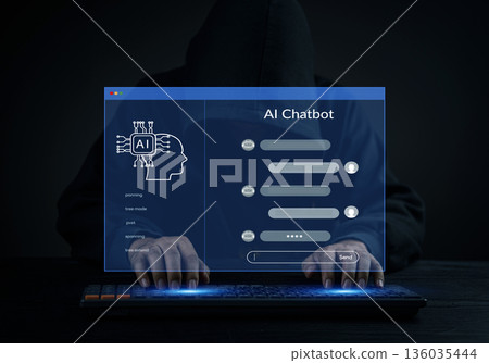 hacker using an AI chatbot interface on a digital screen. Cyber crime, online privacy, and network security. Dark network and data breach. Illegal activity and a dangerous software. 136035444